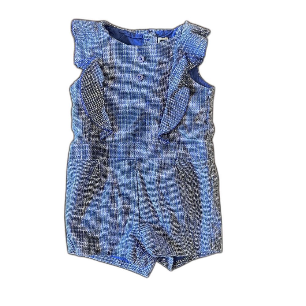 Janie and Jack 12-18M Blue White Tweed Ruffle Bubble Romper Baby Girl